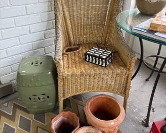 Wicker Chairs, Planters 
