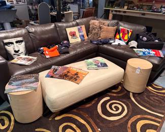 Leather Sectional, West Elm Side Table (A), West Elm Side Table (B)