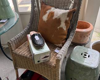 Wicker Chairs, Plant Stand, Decorative Pillows 