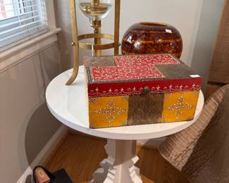 White Side Table, Misc Decor, Brass & Glass Candle Holder  