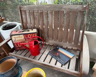 Wooden Bench, Watering Can, Planters 