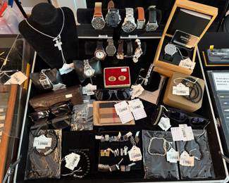Sterling David Yurman Cross Necklace, Shinola The Omaha Watch, Tag Heuer Professional Watch, Gucci Glasses, Prada Glasses, David Yurman Sterling Braided Bracelet, Stephen Webster Onyx Bracelet 