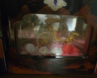 Vintage Japanese black enameled jewelry box with 3D diorama