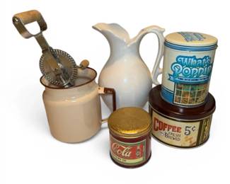 Ceramic Pitcher, Hand Cranked Beater,  Storage Tins