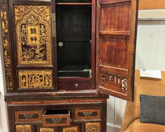 Chinese carved Gilded relief carved wedding cabinet