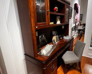 Mahogany two tone desk with a hatch with electrical
