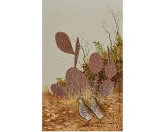 Robert Quill Johnson, Quail and Cactus, oil painting