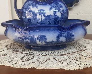 Staffordshire Flow blue bowl and pitcher