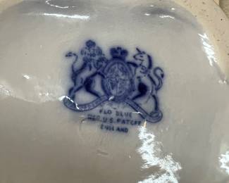 Staffordshire mark on flow blue bowl and pitcher