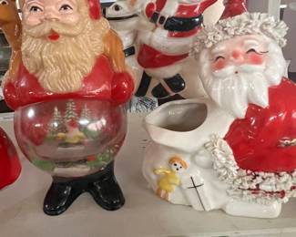 Plastic Santa snow globe spun glass planter (some paint loss on back )