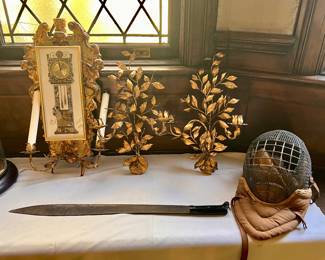 ECLECTIC GROUP OF ITEMS JUST LIKE THE WHOLE HOUSE...ANTIQUE FENCING MASK, VINTAGE MACHETE, GOLD GILT CANDLE SCONCE, ETC.