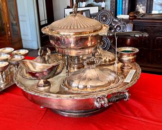 HUGE ORNATE SILVERPLATE SERVER INCLUDING 3 ENTREES, COVERED VEGETABLE, SAUCEBOAT, ETC.