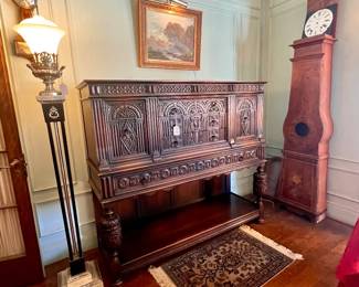 BEAUTIFUL ORNATE SIDEBOARD/SERVER, ANTIQUE OIL PAINTING , TORCHERE LAMP, BANJO CLOCK AND ANTIQUE GRANDFATHER CLOCK (THE HOOD IS AVAILABLE)