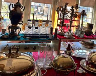 BEAUTIFUL SILVER PLATE SERVING PIECES INCLUDING FOOD WARMERS, URNS, CANDELABRA AND TANTALUS