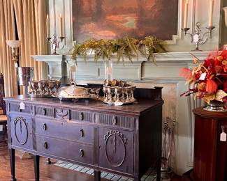LOVELY SIDEBOARD WITH BEAUTFUL SILVERPLATE SERVING PIECES