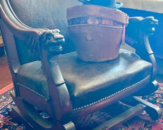 SUPERB ANTIQUE PLATFORM ROCKER WITH GRIFFIN HEAD ARMS ALONG WITH A BEAVER TOP HAT WITH ORIGINAL  LEATHER BOX