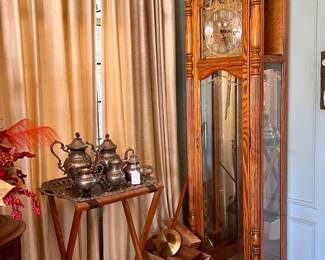 VINTAGE 6 PIECE SILVERPLATE TEA SET ON TRAY HOLDER AND MODERN GRANDFATHER CLOCK