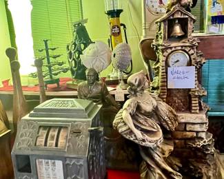 FIGURAL CLOCKS AND PENNY COIN OP MACHINE