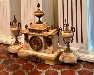 ANTIQUE MARBLE GARNITURE SET WITH CLOCK AND URNS