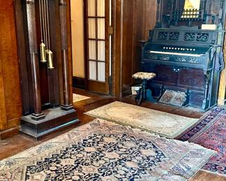 WONDERFUL ANTIQUE GRANDFATHER CLOCK ALONG WITH ORNATE ANTIQUE PUMP ORGAN