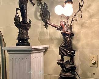 ANTIQUE NEWEL POST OR FREE STANDING FIGURAL LAMP WITH BEADED GLASS SHADE ALONG WITH A NAUTICAL THEMED GENTLEMAN 