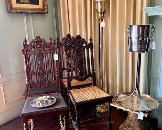 SET OF 4 ANTIQUE CHAIRS, ANTIQUE TORCHER LAMP, OIL PAINTING AND CHAMPAGNE BUCKET ON STAND