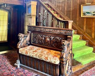 MAGNIFICENT HEAVILY CARVED ANTIQUE BENCH WITH FULL FIGURE GRIFFIN  SIDES WITH STORAGE UNDERNEATH
