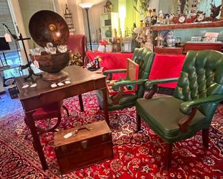 GREAT PAIR OF BUTTON TUFT LEATHER ARMCHAIRS, ANTIQUE MACHINIST TOOLBOX AND VINTAGE LEATHER TOP CARD TABLE