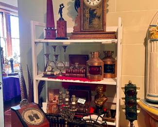 GROUP OF COLLECTIBLES INCLUDING BOOK SHAPED TANTALUS, ANTIQUE OAK SHELF CLOCK, STOPLIGHT BARLITE AND STRENGTH MACHINE