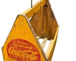 Early wooden yellow coke carrier in yellow paint w/graphics