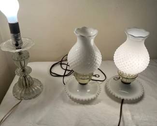 Two White Hobnail Milk Glass Side Lamps And A Clear Elegant Glass Side Lamp