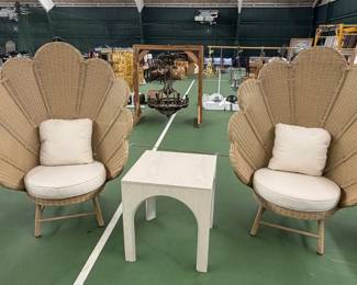 Pair of Wicker Peacock Chairs with Side Table