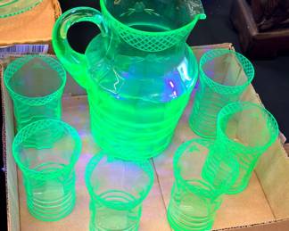 Vintage Anchor Hocking Uranium Glass Pitcher and Glassware