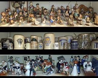 Hummel Collection with older Hummels and some Full Bees, German Beer Mugs and Norman Rockwell Figurines 