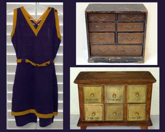 Antique Bathing Suit Well Worn and 2 Tiny Chests of Drawers