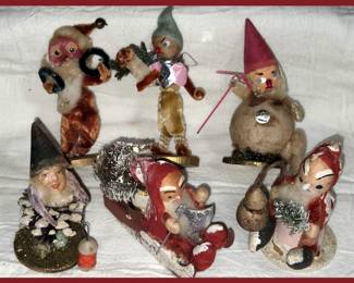 Vintage Spun Cotton and Papier Mache Santas and Elves