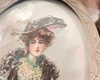 Antique Gibson Girl print in oval convex bubble glass frame