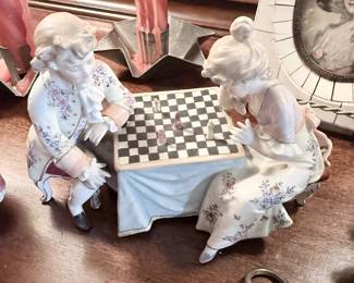 Antique porcelain figural group, chess players at table
