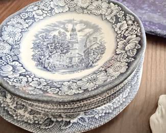 Antique blue transferware plates, stack with church scene