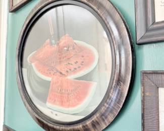 Folk art watermelon still life in round wood frame