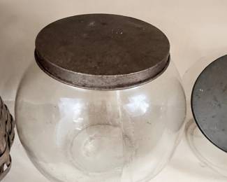 Antique glass general store counter jar with metal lid