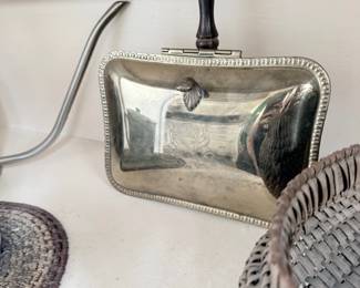 Antique silverplate crumb tray with wood handle sweeper