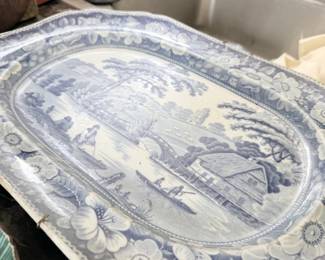 Large antique blue transferware Staffordshire platter