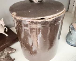 Antique brown glaze stoneware crock with lid