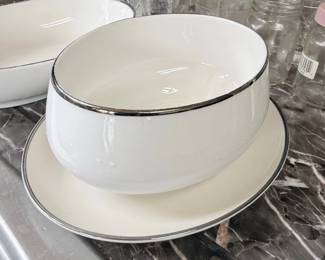 White porcelain serving bowls with platinum trim