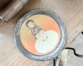 Antique lithographed advertising tin lid with child graphic