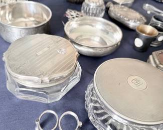 Sterling silver dresser jars, bowls, and grape shears