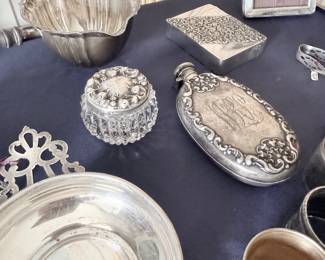Sterling silver repousse dresser set, bowls, and trivet