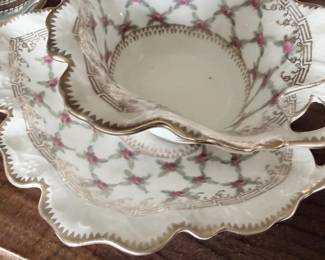 Antique porcelain berry bowl and underplate, pink and gold