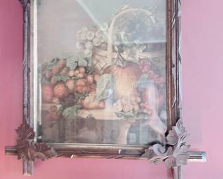 Framed fruit still life print in carved Black Forest frame